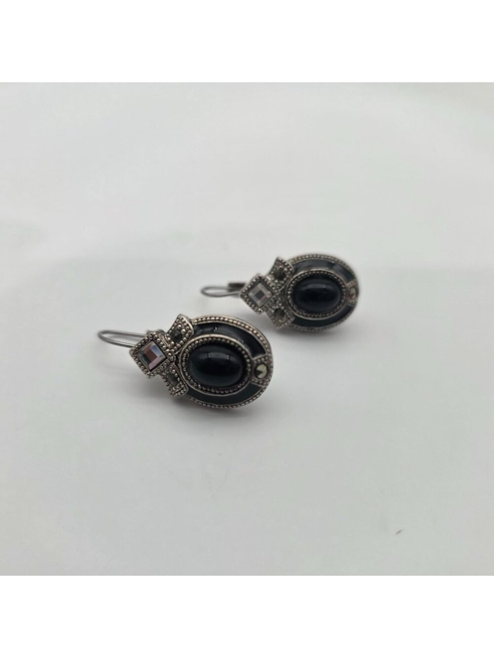 Monet Dangle Earrings Rhinestone & Black Onyx 1.25"